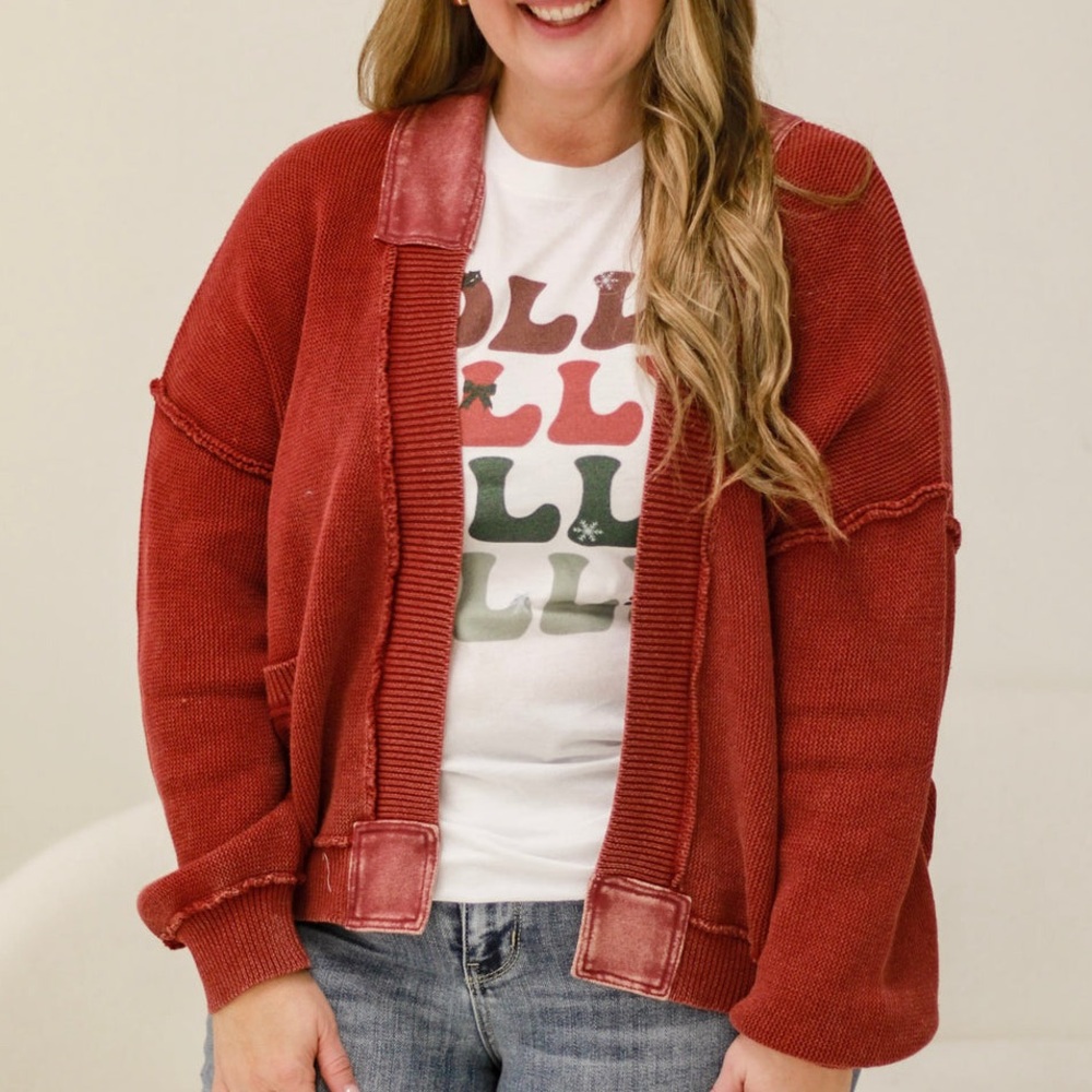 NWT POL Size Small Feeling Red Washed Cardigan Open Front‎ Knit Maroon $79 MSRP